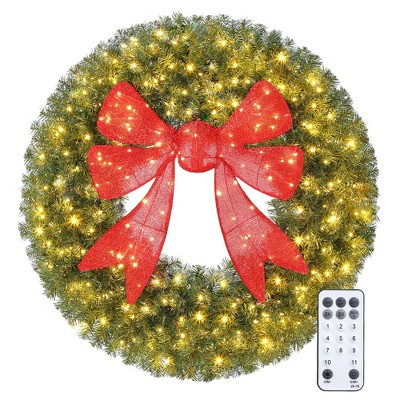 HOMCOM Pre-Lit Christmas Wreath with 3D Red Bow, Christmas Wreath for Front Door with 11 Lighting Modes, LED Lights
