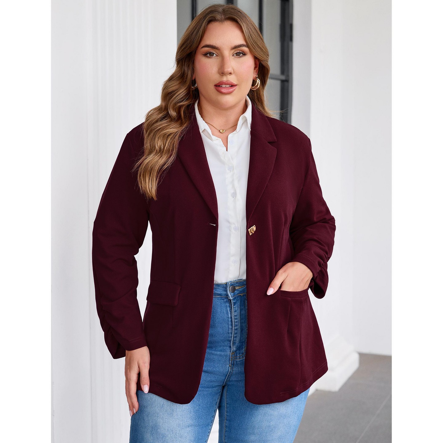Женские кардиганы YesFashion Women Plus Size Blazer Jacket, Notched Lapel One‑Button Open Front Cardigan, 3/4 Ruched Sleeve Business Casual Outerwear, XL, Wine Red, цвет: Винный — фото 3