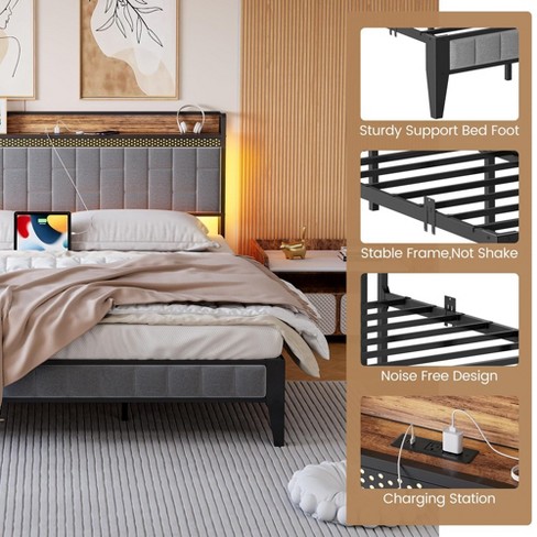 Upholstered Bed Frame With Charging Station And Led Lights : Target