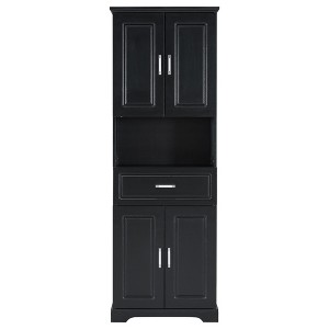 TiramisuBest Tall Bathroom Cabinet with Four Doors, Large Storage Space Open Shelve, Upper Storage Cabinet, Black - 1 of 4