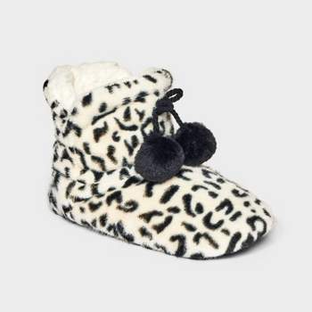 Women's Leopard Faux Fur Booties with Poms and Grippers - Ivory/Black
