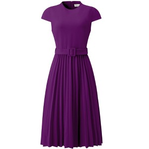 INSPIRE CHIC Women's Mock Neck Cap Sleeve Belted A-Line Midi Pleated Dresses - 1 of 4