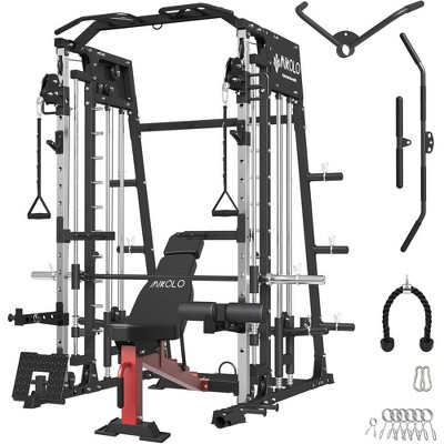 ER KANG Smith Machine, 2200lbs Squat Rack with LAT-Pull Down System & Cable Crossover Machine, Training Equipment with Leg Hold-Down Attachment