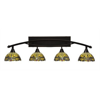 Toltec Lighting Bow 4 - Light Vanity in  Black Copper with 7" Amber Dragonfly Art Glass Shade
