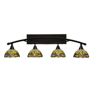 Toltec Lighting Bow 4 - Light Vanity in  Black Copper with 7" Amber Dragonfly Art Glass Shade - 1 of 1