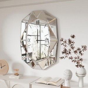 Irregular Beveled Diamond Wall Mirror Hanging Clock with Roman Numeral for Decor SILVER - 1 of 4