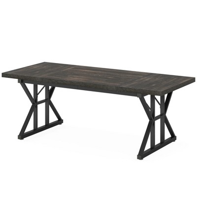 Lirago Farmhouse Dining Table-Vintage Black Top Black Trestle Base Rustic Dining for 6 People