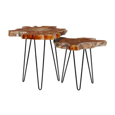 Set of 2 Coastal Teak Wood Accent Tables Brown - Olivia & May