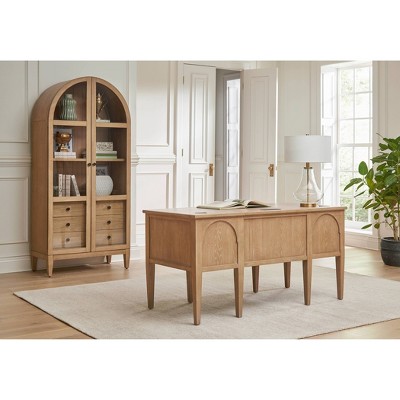 78" Light Brown Wood Arched Bookcase with 3 Drawers
