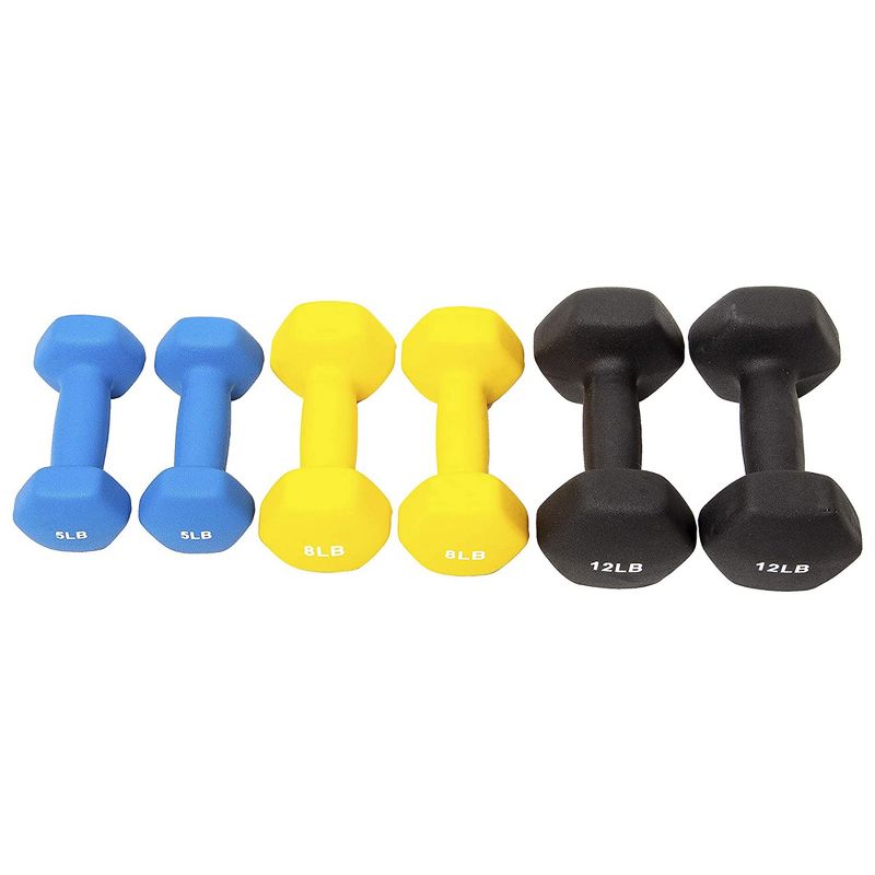 BalanceFrom Fitness 3 Pair Neoprene Coated Iron Hexagon Shaped Dumbbell Weight Set with 5, 8, and 12 Pound Hand Weights, Stand, and Assembly Tool, 5 of 7