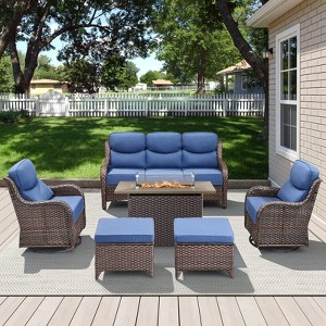 Belord All Weather Wicker Patio Furniture Set 6 Pieces, 6-INCH Extra Thick Cushion Outdoor Patio Firepit Set with Patio Sofa Swivel Chair and Ottoman - 1 of 4