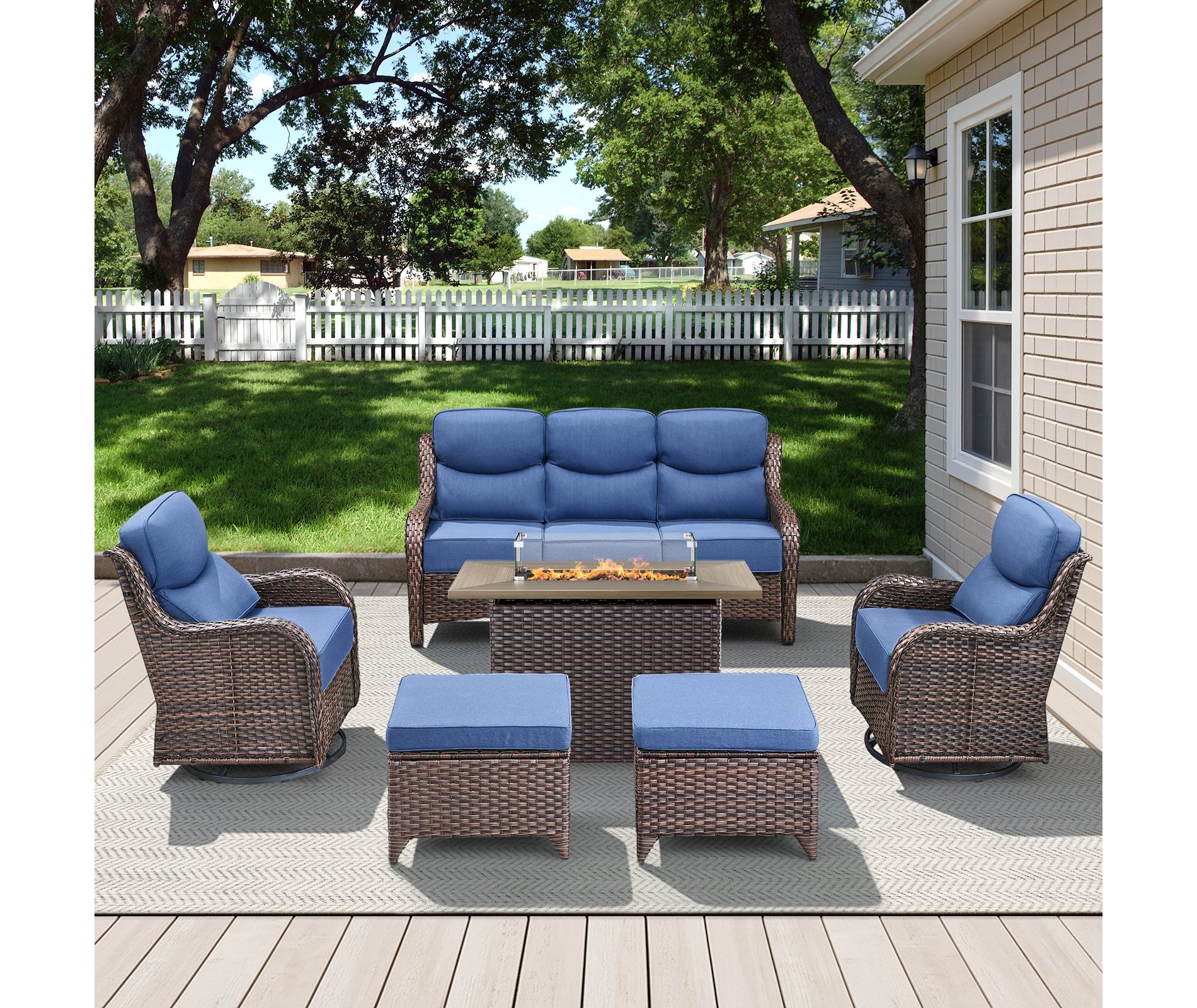 Belord All Weather Wicker Patio Furniture Set 6 Pieces, 6-INCH Extra Thick Cushion Outdoor Patio Firepit Set with Patio Sofa Swivel Chair and Ottoman