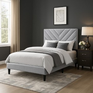 Royal Hampton Full Size Bed, Tufted Gray Velvet Upholstery, Chevron Stitch - 1 of 4
