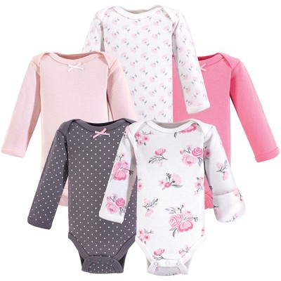 Hudson Baby Infant Girl Cotton Preemie Long-Sleeve Bodysuits 5pk, Basic Pink Floral, Preemie