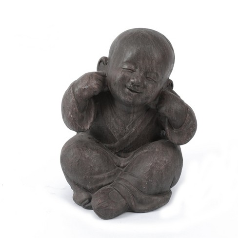 LuxenHome Gray MGO Little Buddha Monk and Bowl Garden Statue