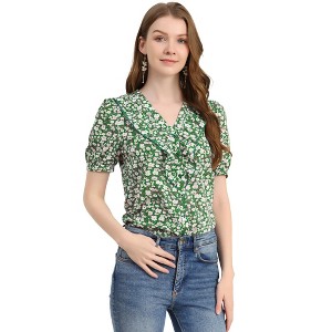 Allegra K Women's Summer Short Sleeves V Neck Ruffle Floral Button Down Shirt - 1 of 4