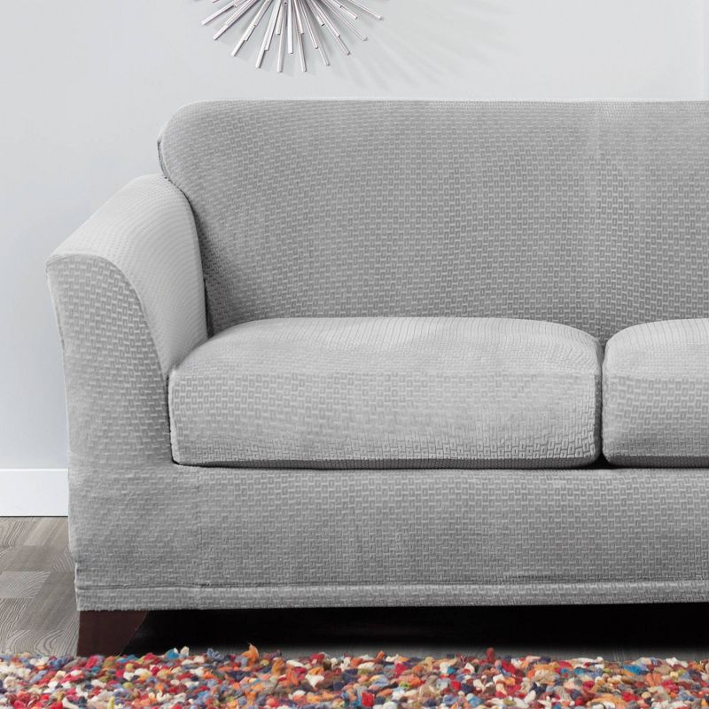 Stretch Modern Block Loveseat Slipcover Gray - Sure Fit, 4 of 5
