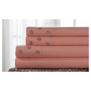 Hotel Coastal Microfiber Embroidered Sheet Set (Twin) Shell Coral, White Pink