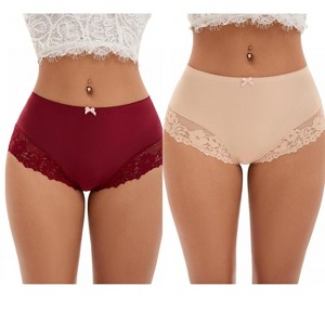 INSPIRE CHIC 2 Pcs Women's Lace Trim High Waist Briefs Seamless Lace Back Underwear Panties - 1 of 4