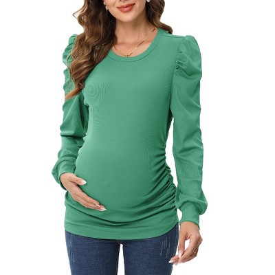 Maternity Shirts Women's Knit Ribbed Round Neck Puff Short Sleeve T-Shirt Pregnancy Casual Side Ruched Tunic Tee Tops