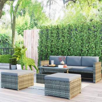 4pc Outdoor Wicker Conversation Sectional Set with Cushions - Gray - GODEER