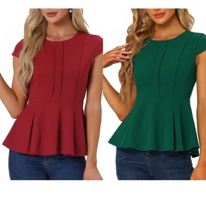 INSPIRE CHIC Women's Elegant Round Neck Cap Sleeve Solid Color Peplum Blouses 2 Packs - 1 of 4