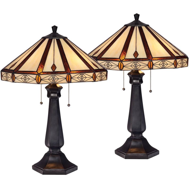 Robert Louis Tiffany Derrica 25" High Traditional Mission Table Lamps Set of 2 Pull Chain Bronze Finish Art Glass Shade Living Room Bedroom Bedside, 1 of 8