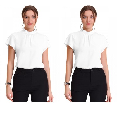 Allegra K Women's Mock Neck Pleated Elegant Office Solid Cap Sleeve Blouse 2 Packs