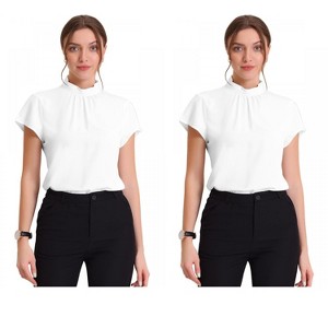 Allegra K Women's Mock Neck Pleated Elegant Office Solid Cap Sleeve Blouse 2 Packs - 1 of 4