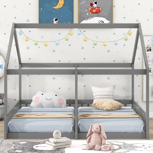 NicBex Twin Size Platform Bed Modern House-Shaped Pine Bed Frame with 2 Beds Side by Side and Guardrails for Bedroom, No Box Spring Required, Gray - 1 of 4