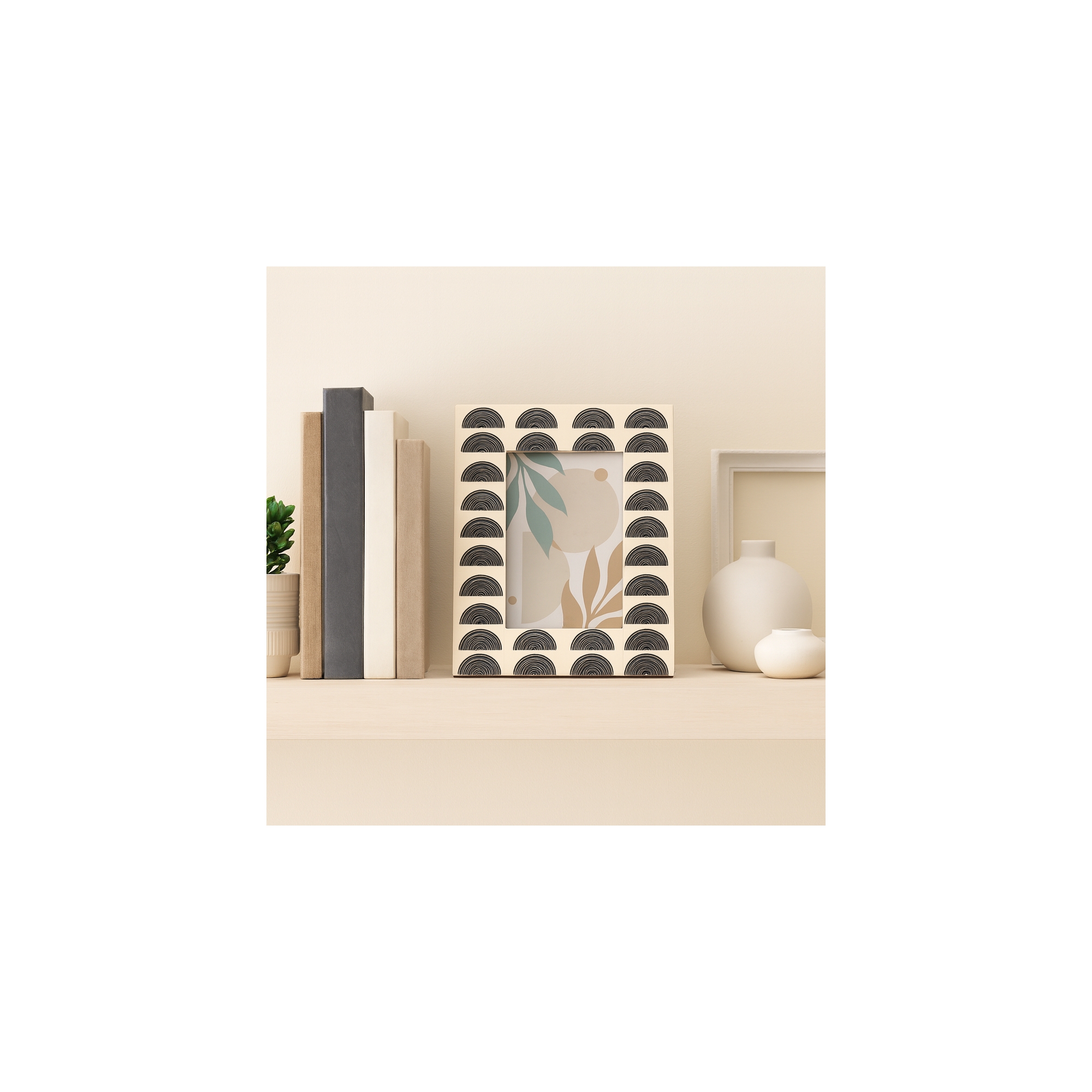 Resin Photo Frame with Arched Pattern Border - Elegant Home Decor Accent for Console Tabletop, Living Room, or Office Desk Styling - 9", Black & Ivory