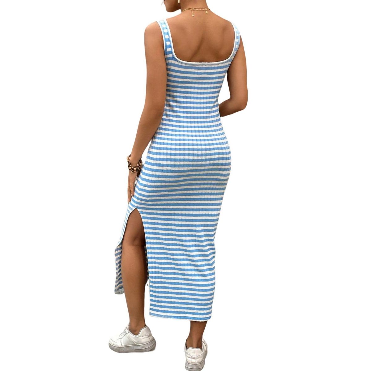 Garvee Maternity Dress Striped Ribbed Knit Tank Midi Sun Dress Side Slit Bodycon Pregnancy Clothes Comfortable Summer Outfits Stretchy - thumbnail 2