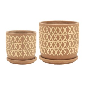 Sagebrook Home 6" Wide 2pc Cross Planter Pots with Saucer Tan: Ceramic, Freestanding, Indoor & Outdoor Use - 1 of 4