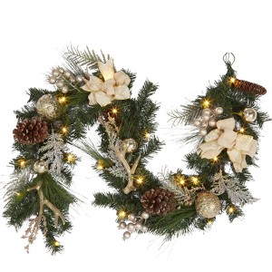 GustoWave 6 ft. Prelit Christmas Garland with 20 Warm White LED Lights, Flowers & Bows, Lighted Xmas Holiday Garlands - 1 of 4