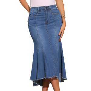 INSPIRE CHIC Women's Washed Denim High Waist Fishtail Pockets Casual Midi Skirt - 1 of 4