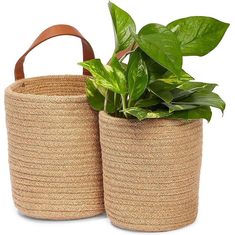 Farmlyn Creek 2 Pack Hanging Flower Planter Pots, Indoor Jute Woven Cotton Rope Plant Basket, Brown, 2 Sizes, 1 of 11