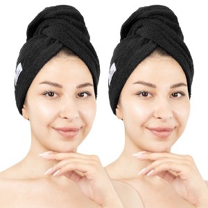 American Soft Linen 100% Cotton Hair Drying Towels for Women, 2 Pack Turkish Hair Towel Wrap, Head Towel Cap with Button, Hair Turban Towel - 1 of 4