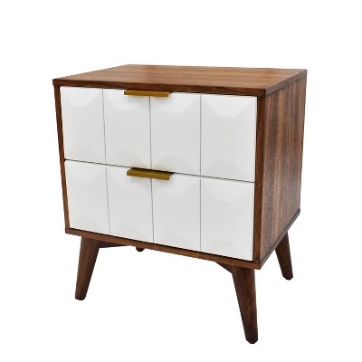Ginny Mid-Century 2-Drawer Walnut Nightstand with White Accents