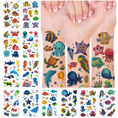 Wrapables Waterproof Glitter Temporary Tattoos, Birthday Party Favors and Supplies, Goodie Bag Fillers, 12 Sheets Ocean Animals