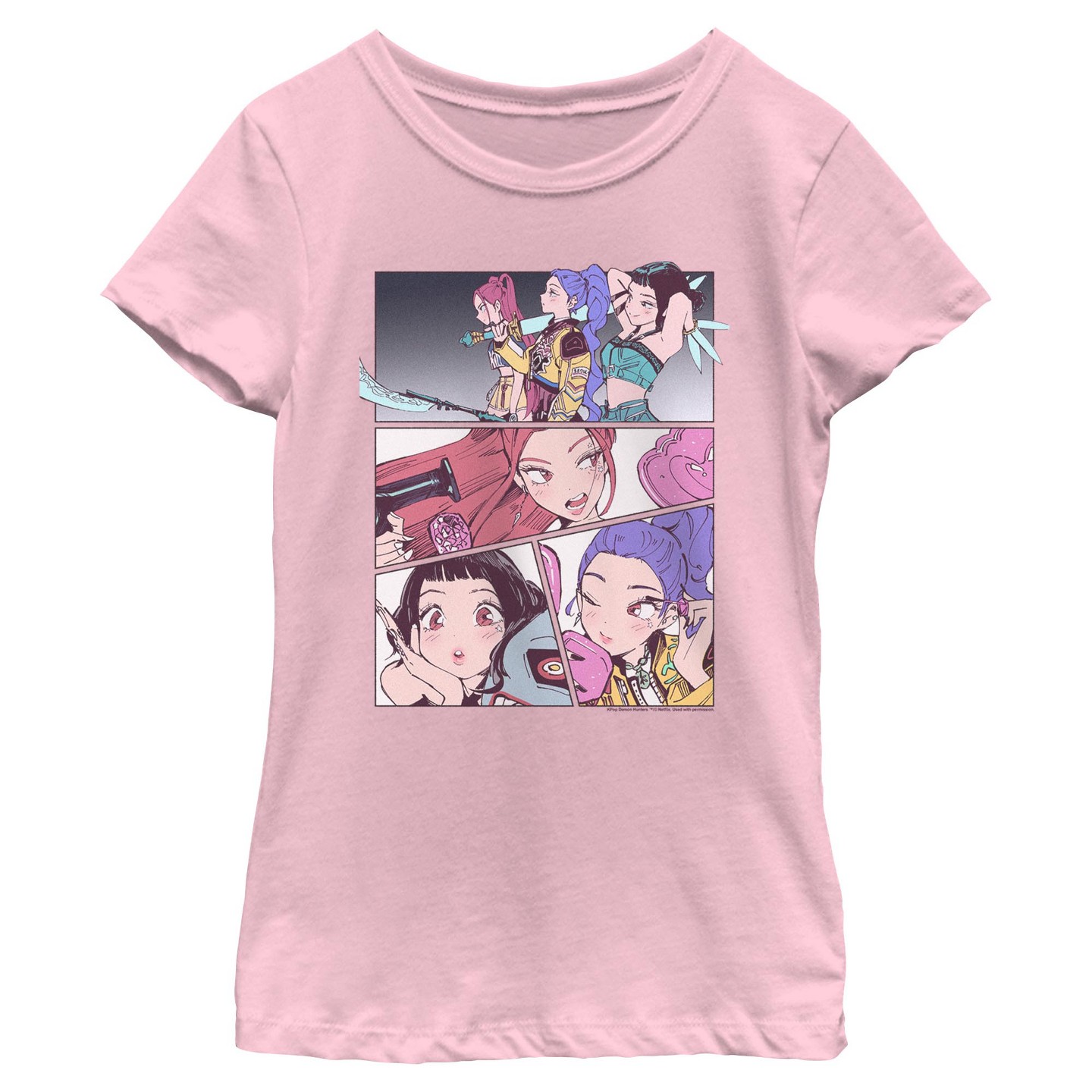 Футболка KPop Demon Hunters HUNTR/X Manhwa Comic Panels T Shirt - Light Pink для девочек, цвет: Светлый розовый — фото 1
