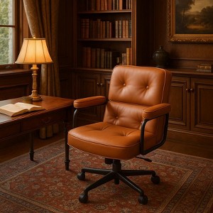 SUGOLD Brown Leather Office Chair with Wheels,Comfy Desk Chair with Arms, Wide Seat, Lumbar Support - 1 of 4