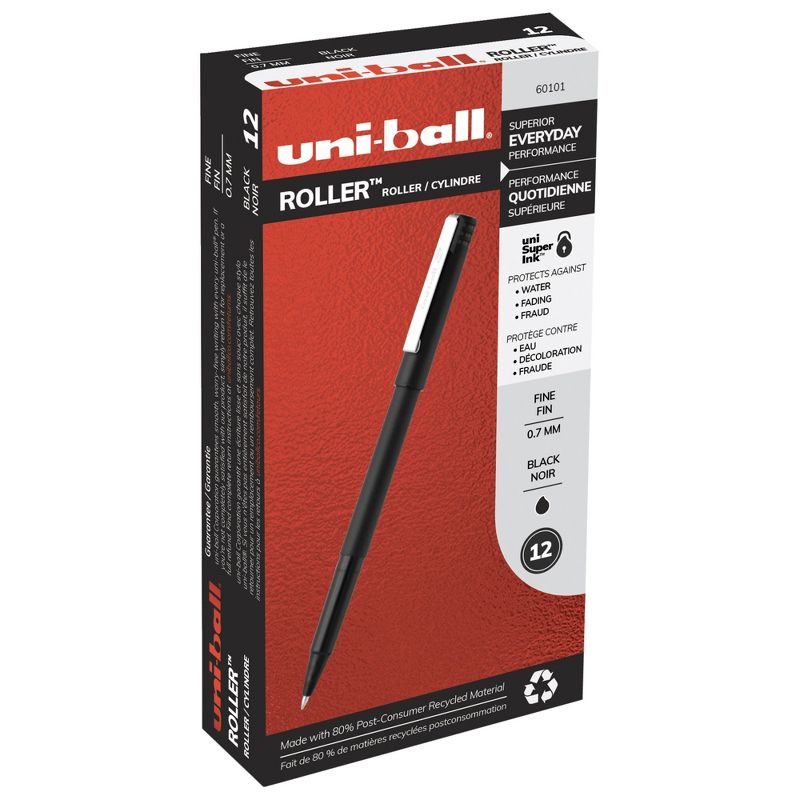 uni Roller Ball Stick Pens, 0.7 mm Micro Tip, Black, Pack of 12, 1 of 3