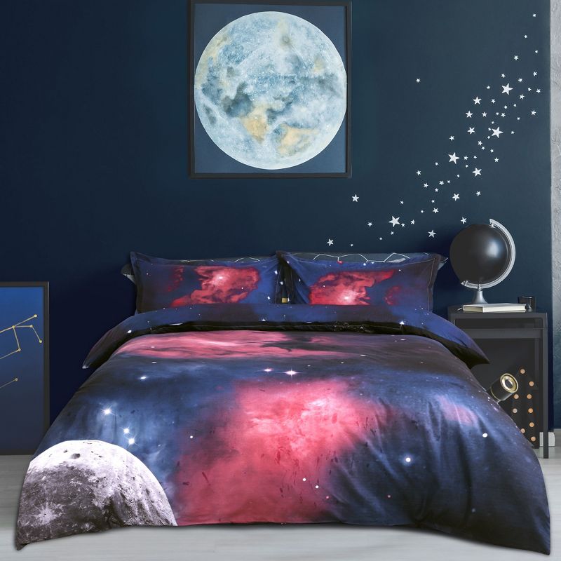 PiccoCasa 100% Polyester 3D Printed Galaxies Fuchsia Reversible Design Duvet Cover Sets with 2 Pillowcases Queen 3 Pcs, 2 of 7
