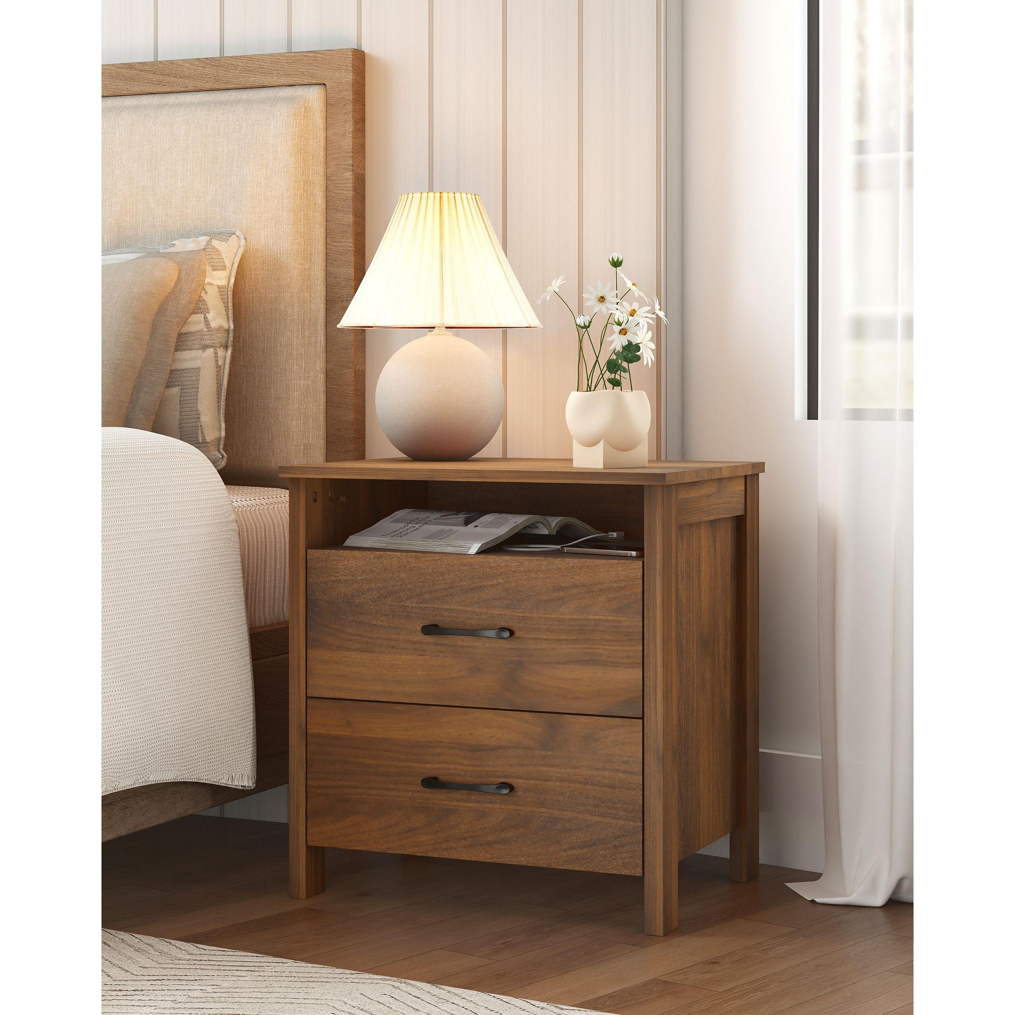 Farmhouse Nightstand with 2 Drawers, Rustic Wooden Nightstand with Bedside Table, Side End Table with Open Shelf, Brown