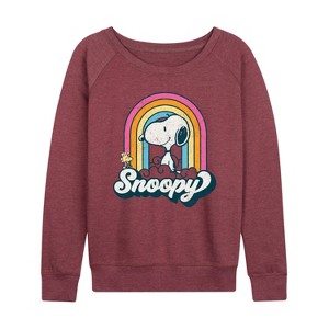 Women's - Peanuts - Snoopy Rainbow Clouds Lightweight French Terry Wide Neck Long Sleeve Shirt - 1 of 4