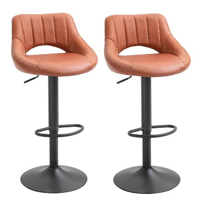 Brown Modern Bar Stools (Set of 2) Swivel Bar Height Stool Adjustable Height Round Metal Base and Footrest