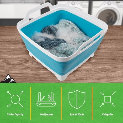 Blue and White Collapsible Polypropylene Wash Basin with Drain