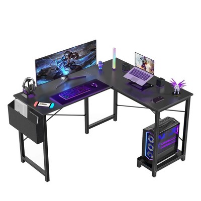 47 Inch L Shaped Game Table with Side Storage Pockets, Metal Frame, Country Study Writing Desk for Home Office, Bedroom, Game Room