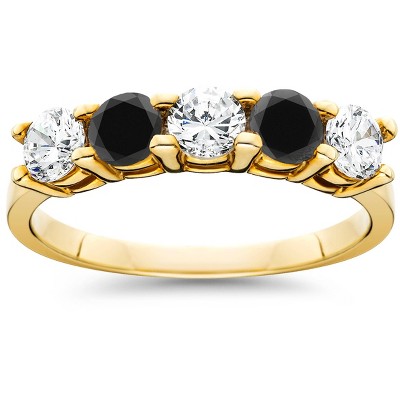 Pompeii3 1 1/4CT Black & White Diamond 5 Stone Wedding Ring 10K Yellow Gold
