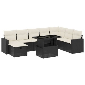 vidaXL 9 Piece Patio Sofa Set with Cushions Black Poly Rattan - Black and Cream without storage - 1 of 4